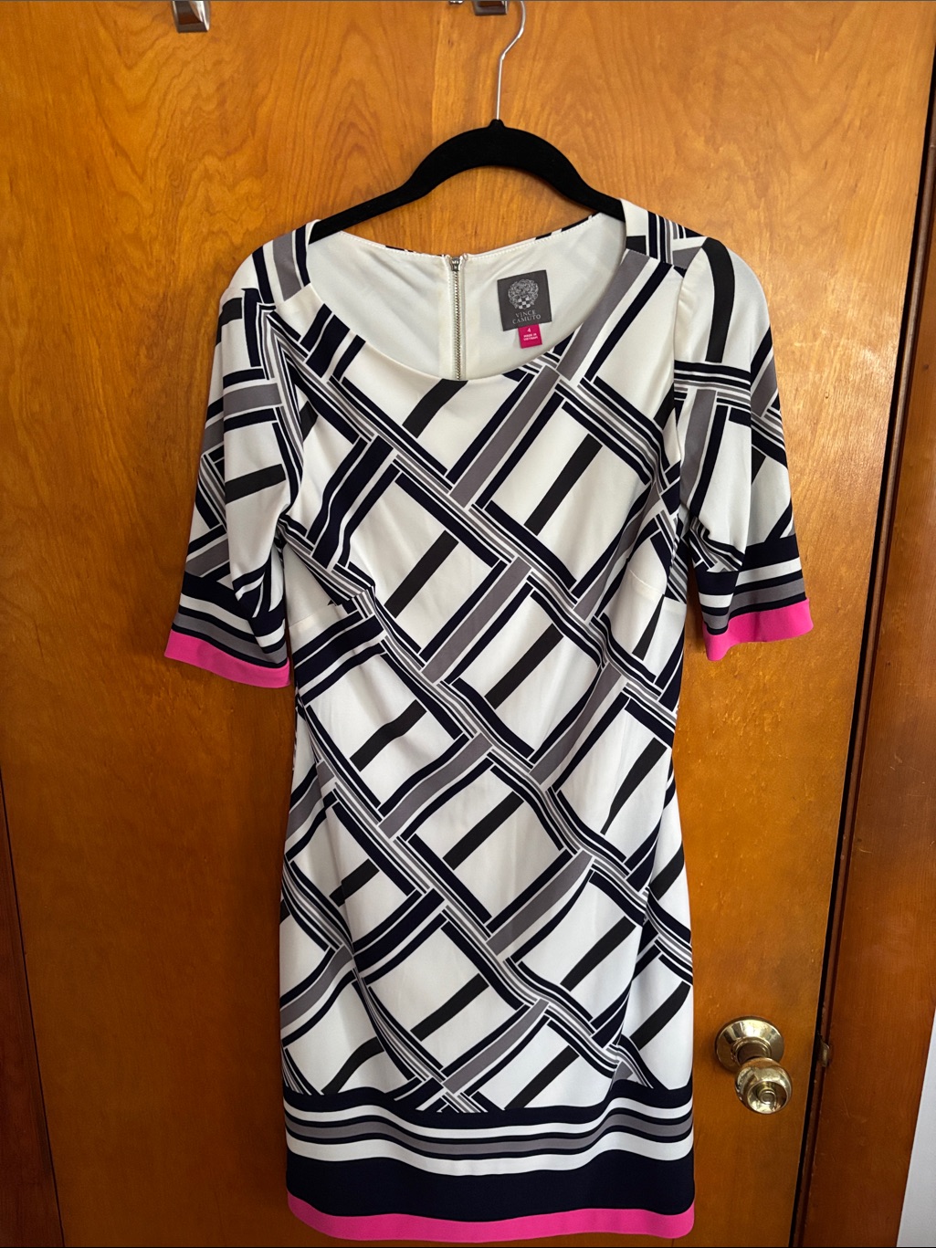 Vince Camuto White Navy Geometric Asymmetrical Dress With Pink Accents